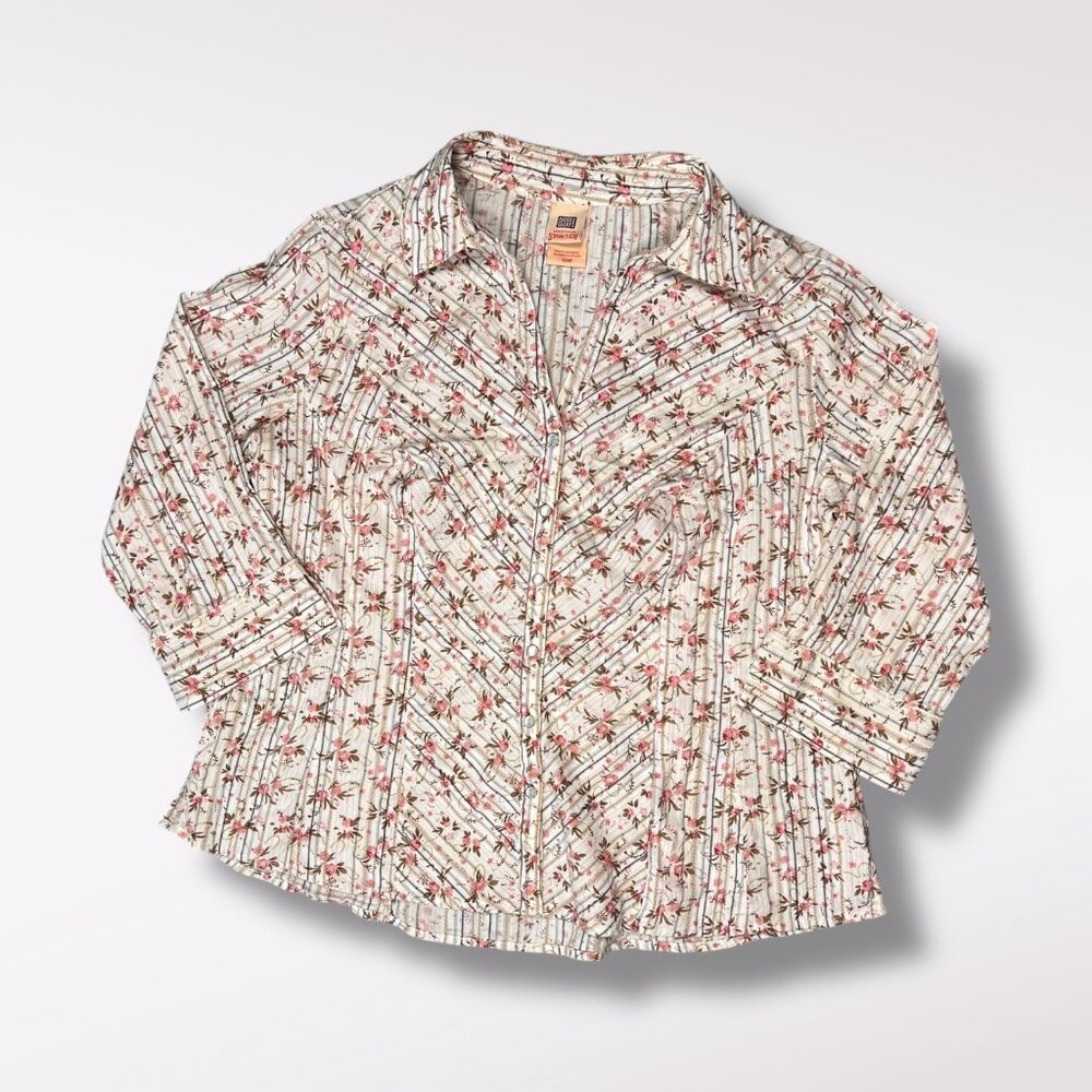 Faded Glory Floral Button Up Shirt Stretch Cotton Blend 3/4 Sleeve Size 16W - Picture 10 of 10